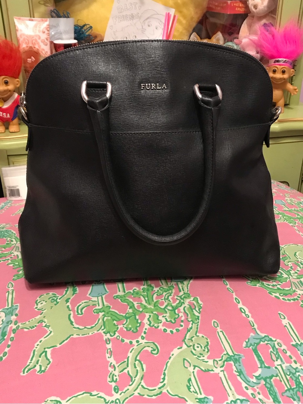 Furla black saffiano leather satchel handbag